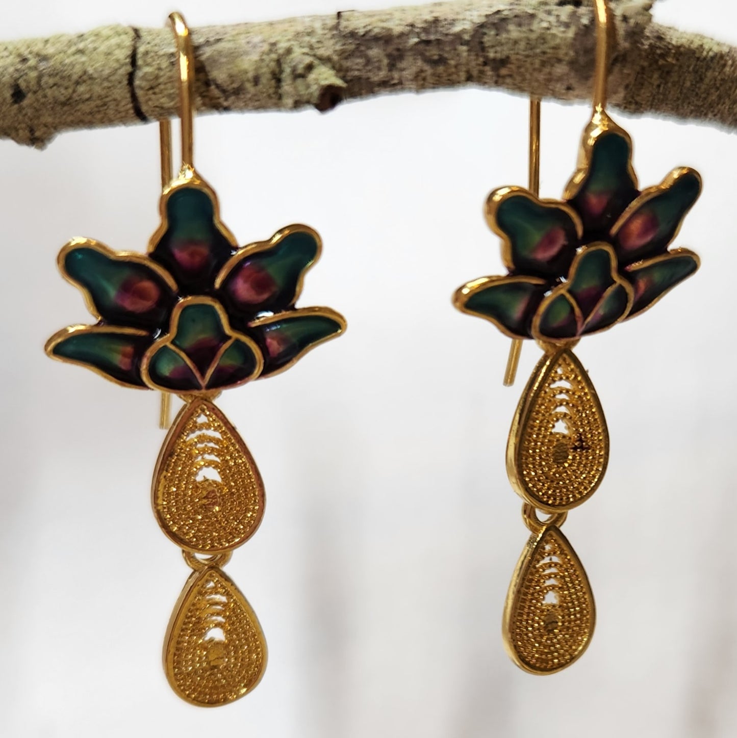 Purple-blue lotus flower dangle earrings