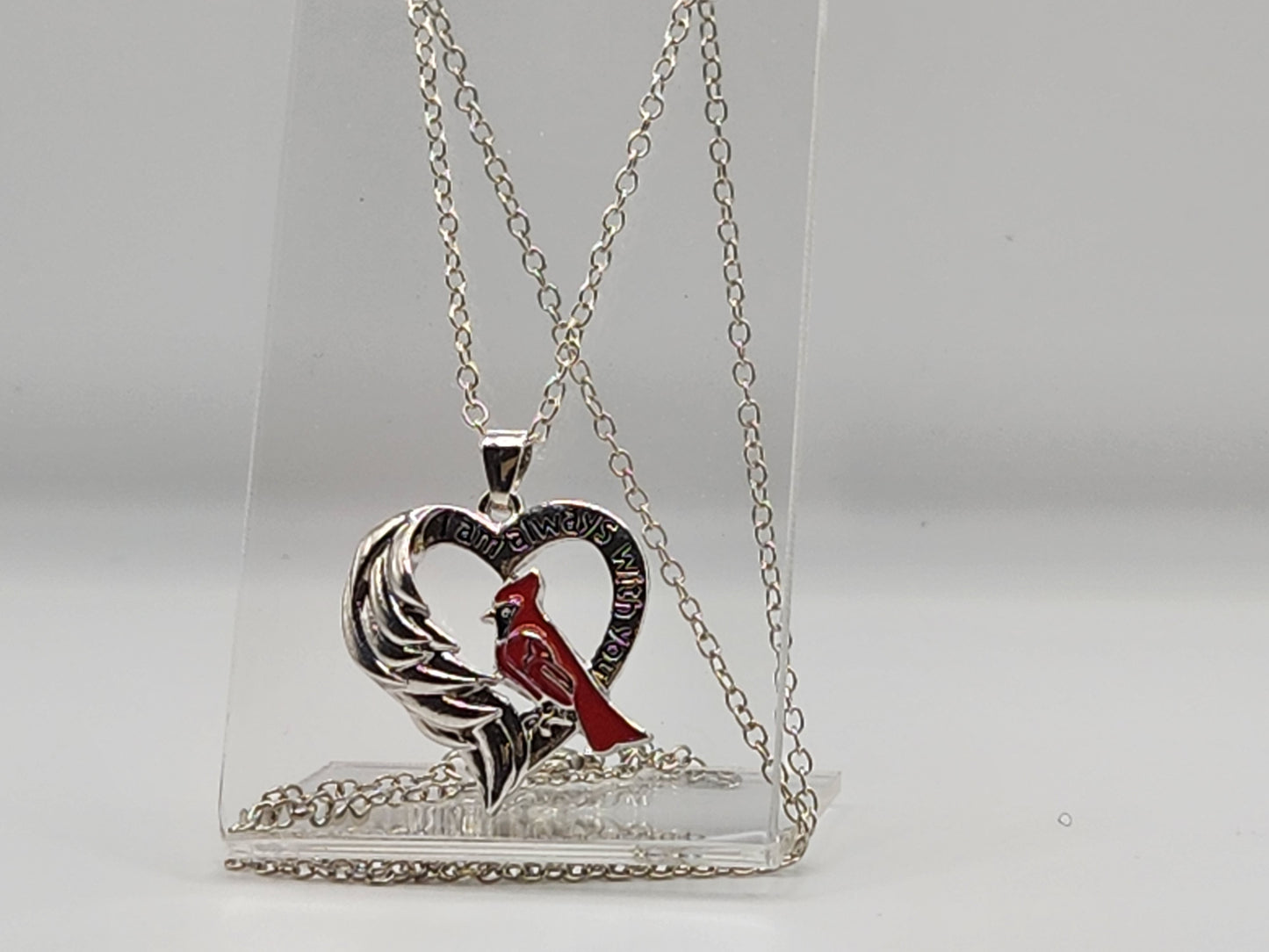 Red bird, cardinal heart necklace
