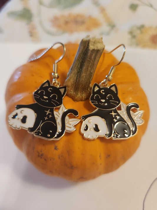 Halloween cat with skull earrings