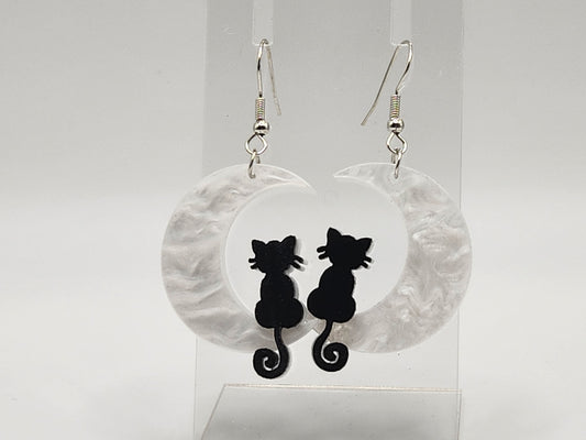 Black cat on sparkly moon earrings