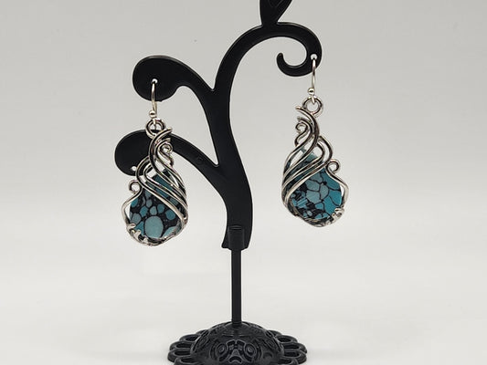 Blue and silver scroll earrings