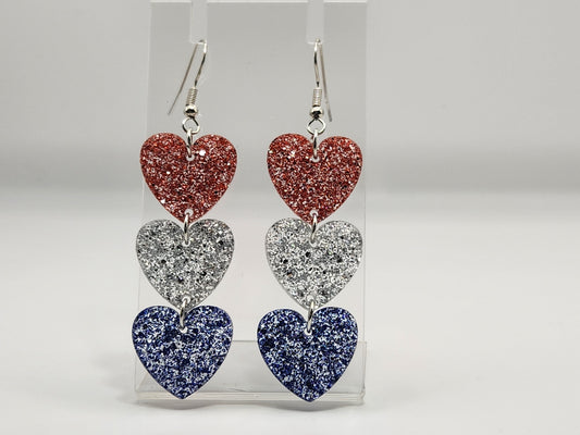 Red White and Blue sparkly dangle heart earrings