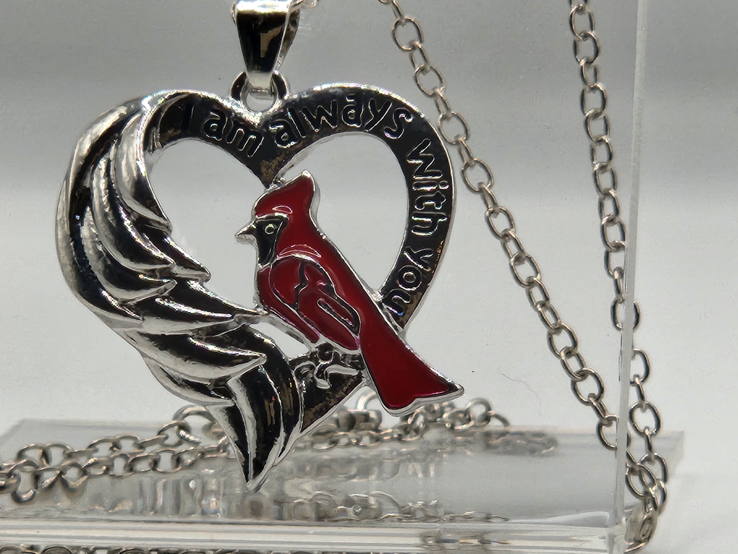 Red bird, cardinal heart necklace