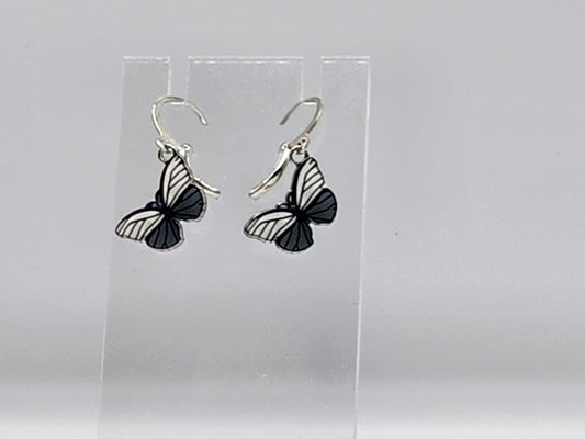 White and black striped hoop butterfly earrings